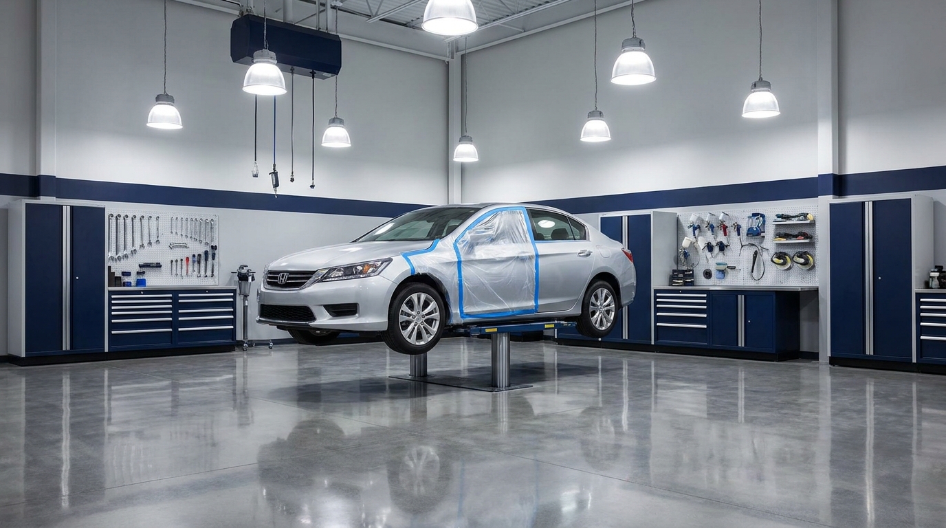 Collision repair shop bay with vehicle in service